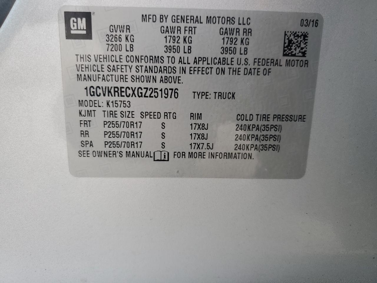 1GCVKRECXGZ251976 CHEVROLET ALL Models 2016