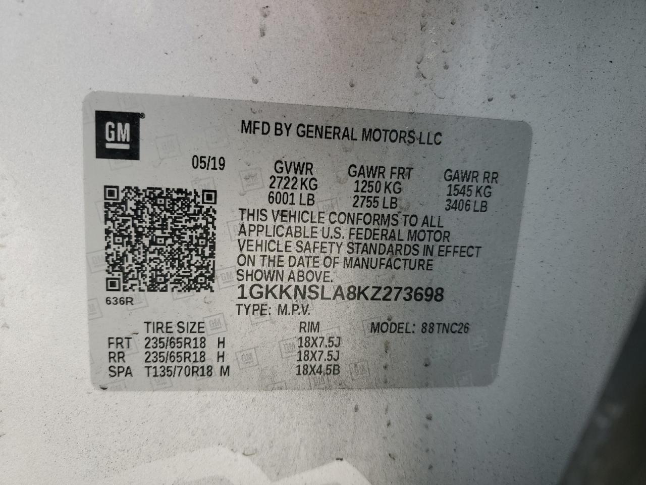 2019 GMC Acadia Sle VIN: 1GKKNSLA8KZ273698 Lot: 56762435