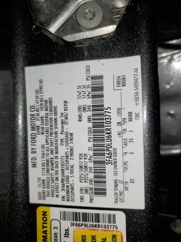 2019 Ford Fusion Se VIN: 3FA6P0LU6KR103775 Lot: 57751855
