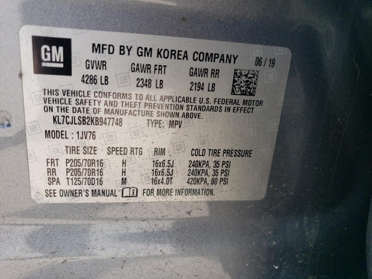 KL7CJLSB2KB947748 CHEVROLET TRAX 2019