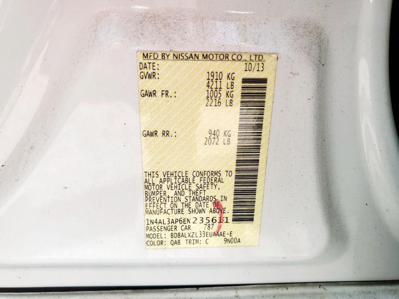 2014 Nissan Altima 2.5 VIN: 1N4AL3AP6EN235611 Lot: 56933525
