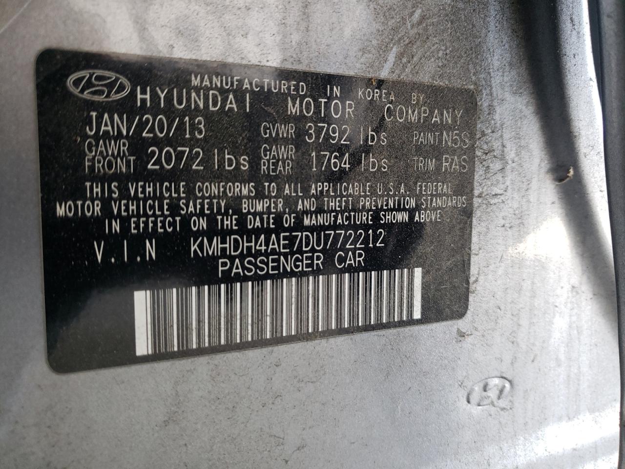 2013 Hyundai Elantra Gls VIN: KMHDH4AE7DU772212 Lot: 57180615