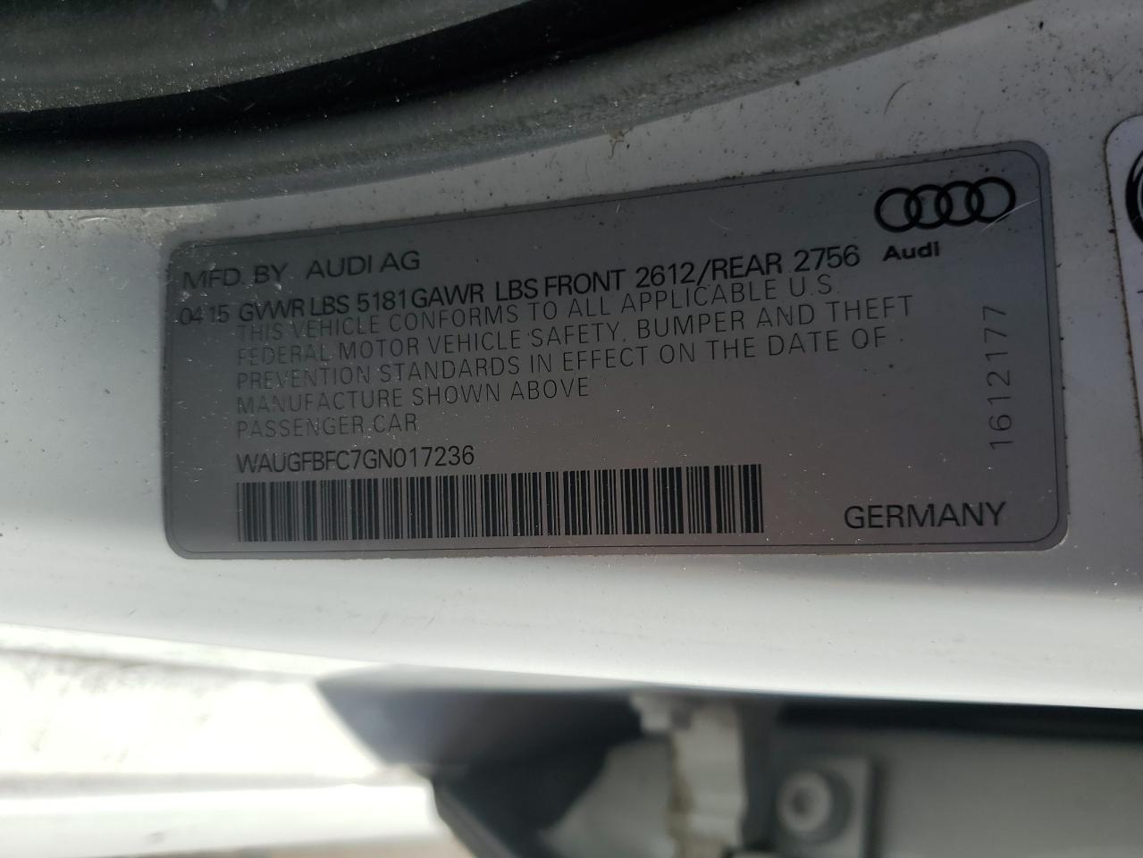 2016 Audi A6 Premium Plus VIN: WAUGFBFC7GN017236 Lot: 57063245