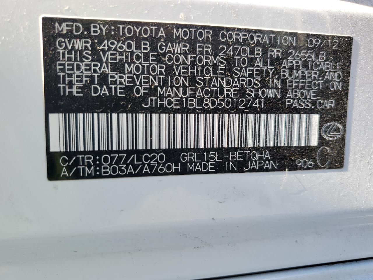 2013 Lexus Gs 350 VIN: JTHCE1BL8D5012741 Lot: 56676355