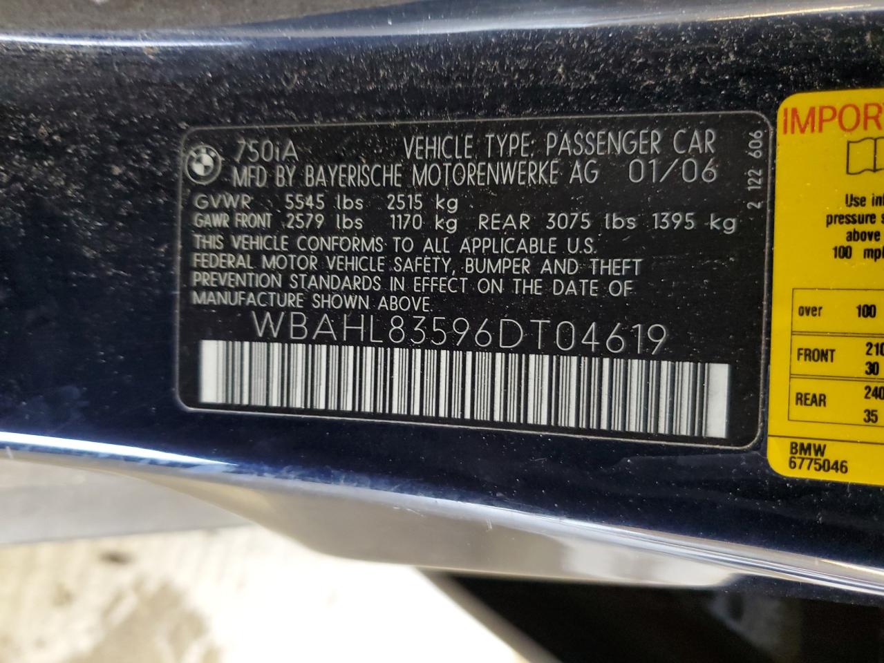 2006 BMW 750 I VIN: WBAHL83596DT04619 Lot: 57069735