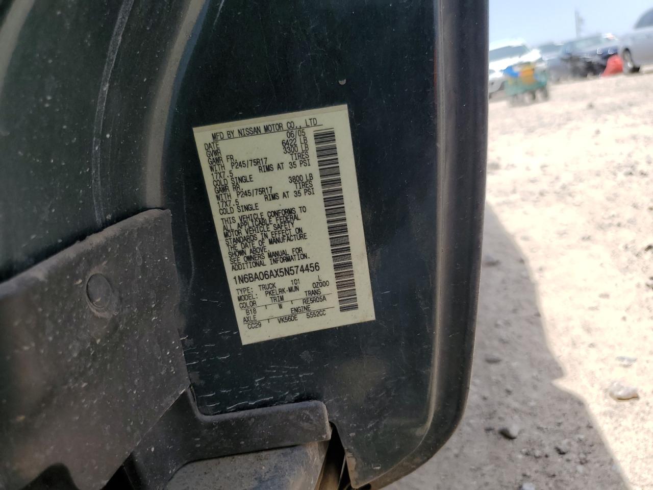 2005 Nissan Titan Xe VIN: 1N6BA06AX5N574456 Lot: 56887925