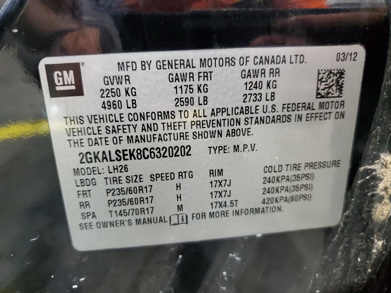 2012 GMC Terrain Sle VIN: 2GKALSEK8C6320202 Lot: 54929085