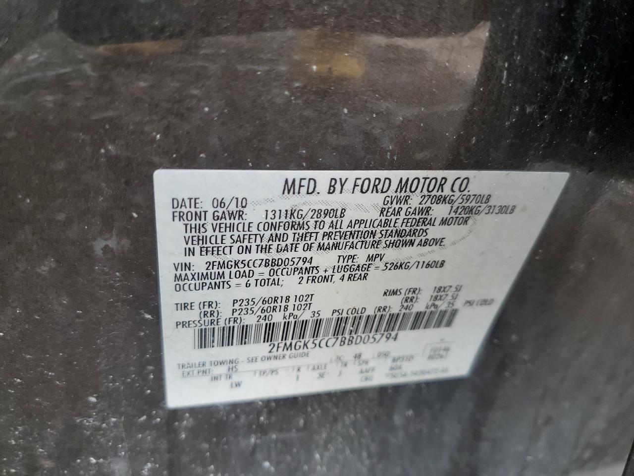 2011 Ford Flex Sel VIN: 2FMGK5CC7BBD05794 Lot: 56936035