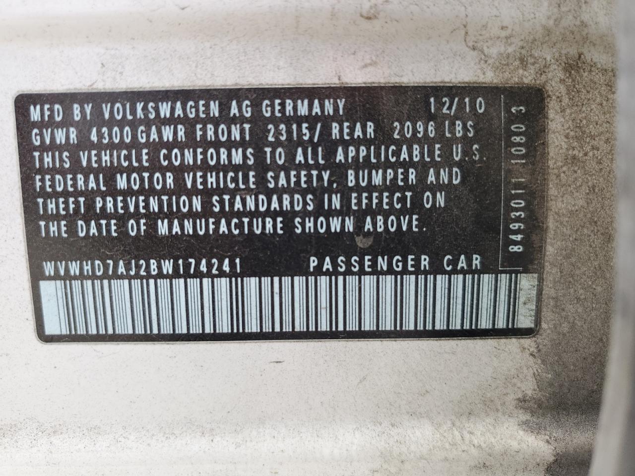 2011 Volkswagen Gti VIN: WVWHD7AJ2BW174241 Lot: 56940305