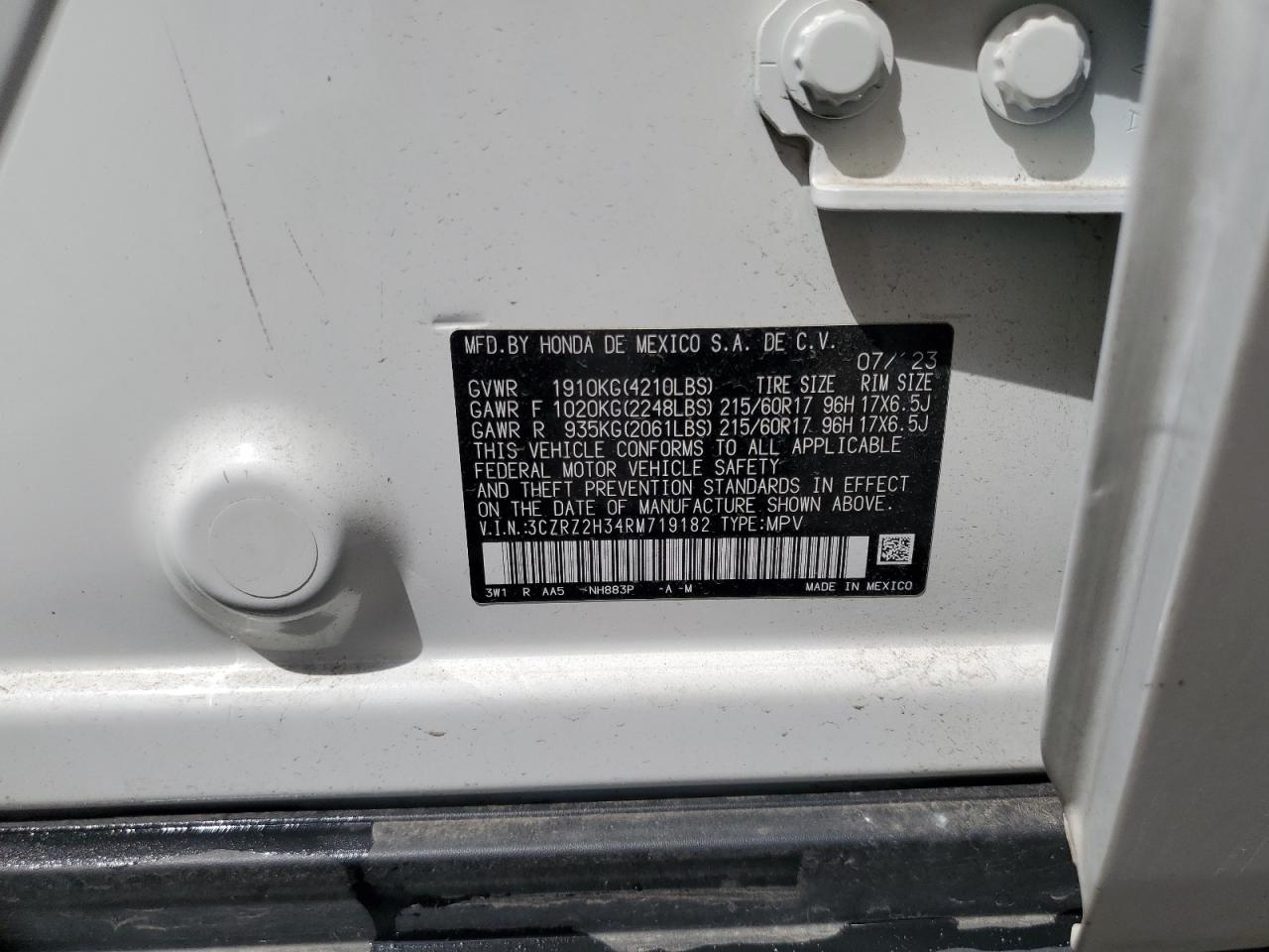 2024 Honda Hr-V Lx VIN: 3CZRZ2H34RM719182 Lot: 56832565