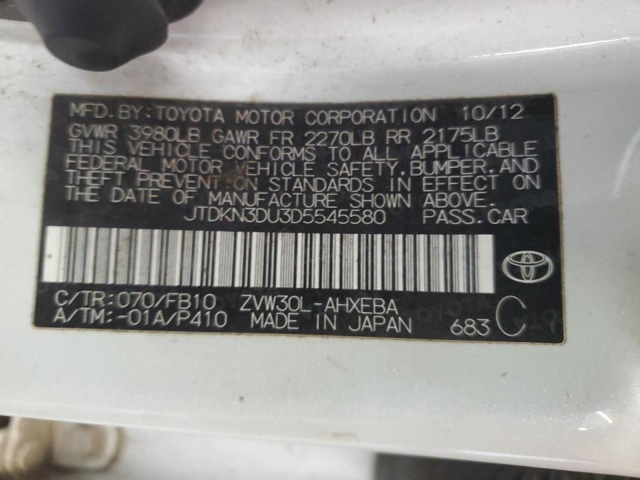 2013 Toyota Prius VIN: JTDKN3DU3D5545580 Lot: 55057835