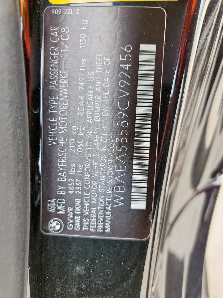 2009 BMW 650 I VIN: WBAEA53589CV92456 Lot: 57520155