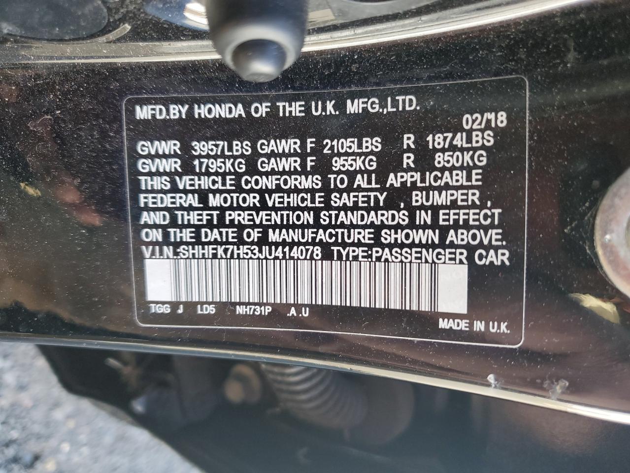 SHHFK7H53JU414078 HONDA CIVIC 2018