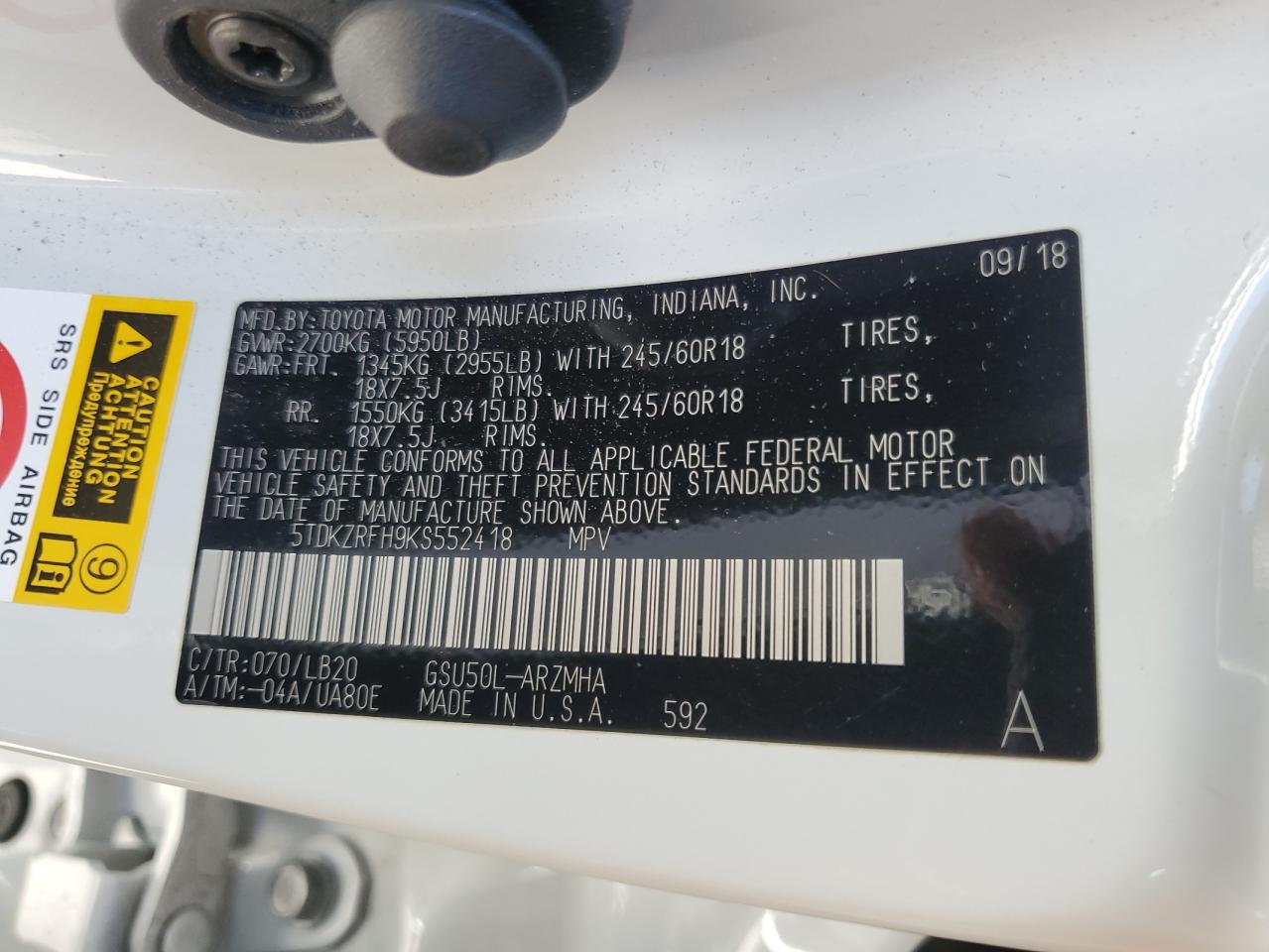 5TDKZRFH9KS552418 TOYOTA HIGHLANDER 2019
