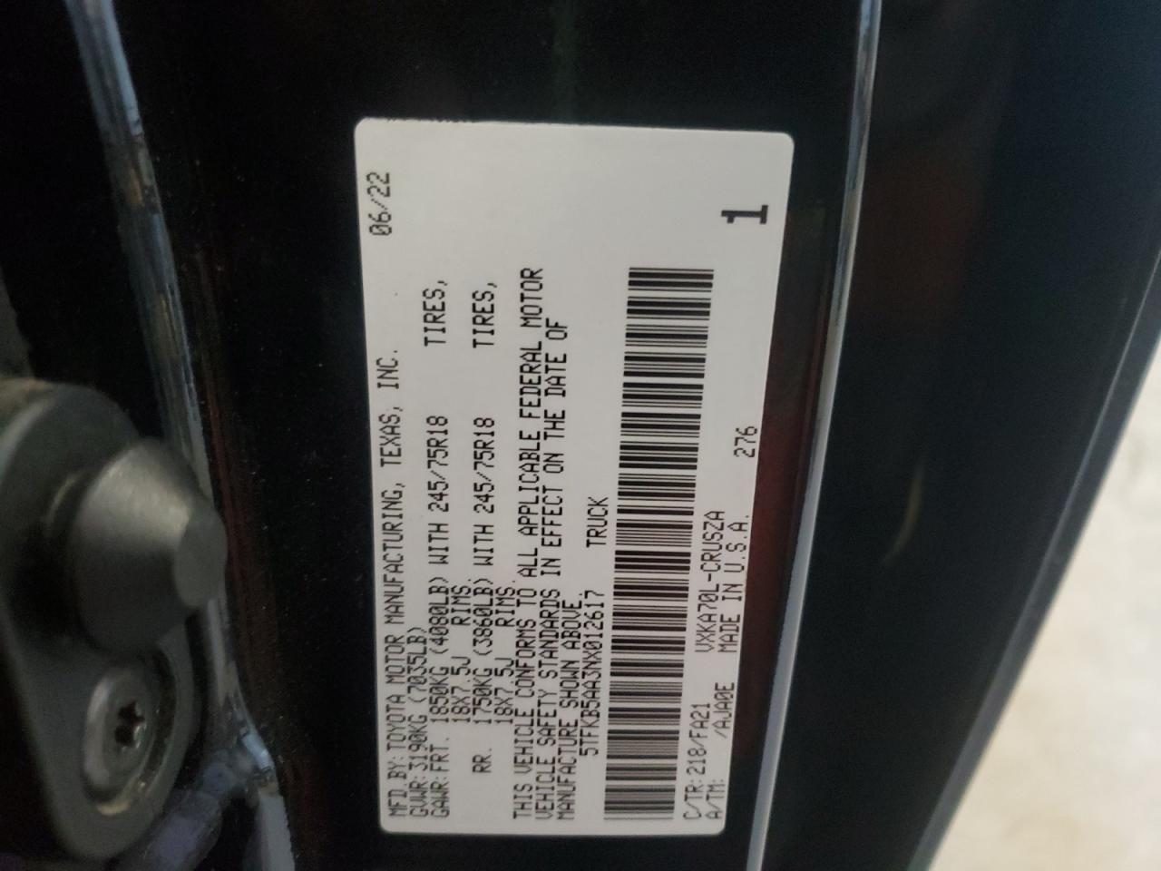 2022 Toyota Tundra Double Cab Sr VIN: 5TFKB5AA3NX012617 Lot: 56832315