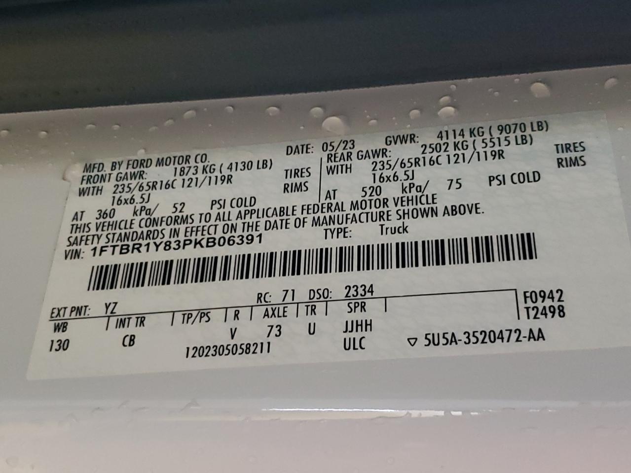 1FTBR1Y83PKB06391 FORD TRANSIT 2023