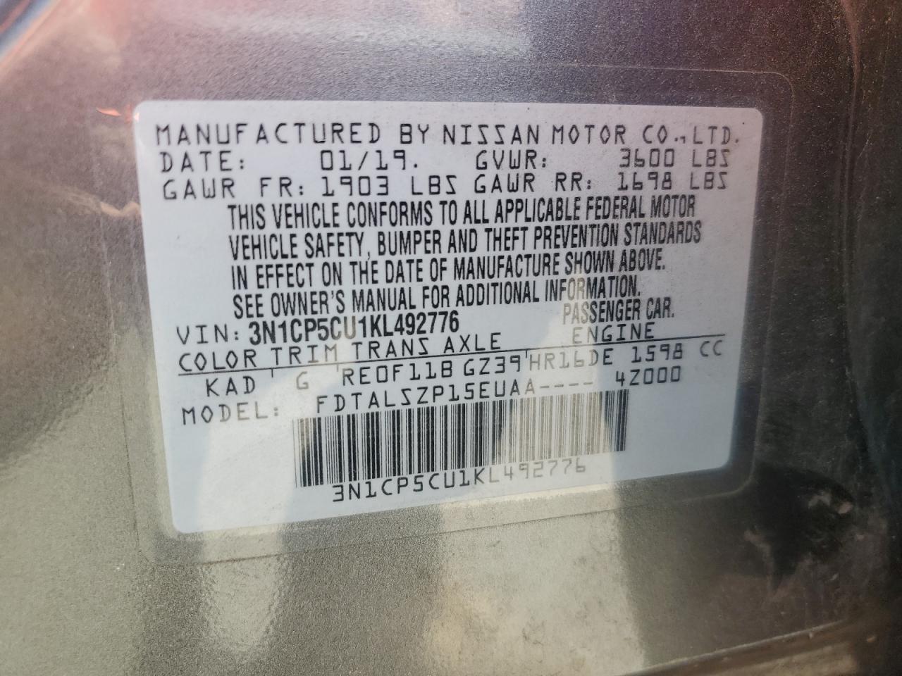 3N1CP5CU1KL492776 NISSAN KICKS 2019