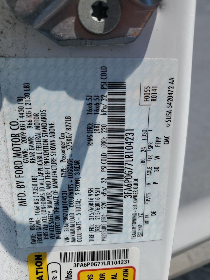 3FA6P0G77LR104231 FORD FUSION 2020