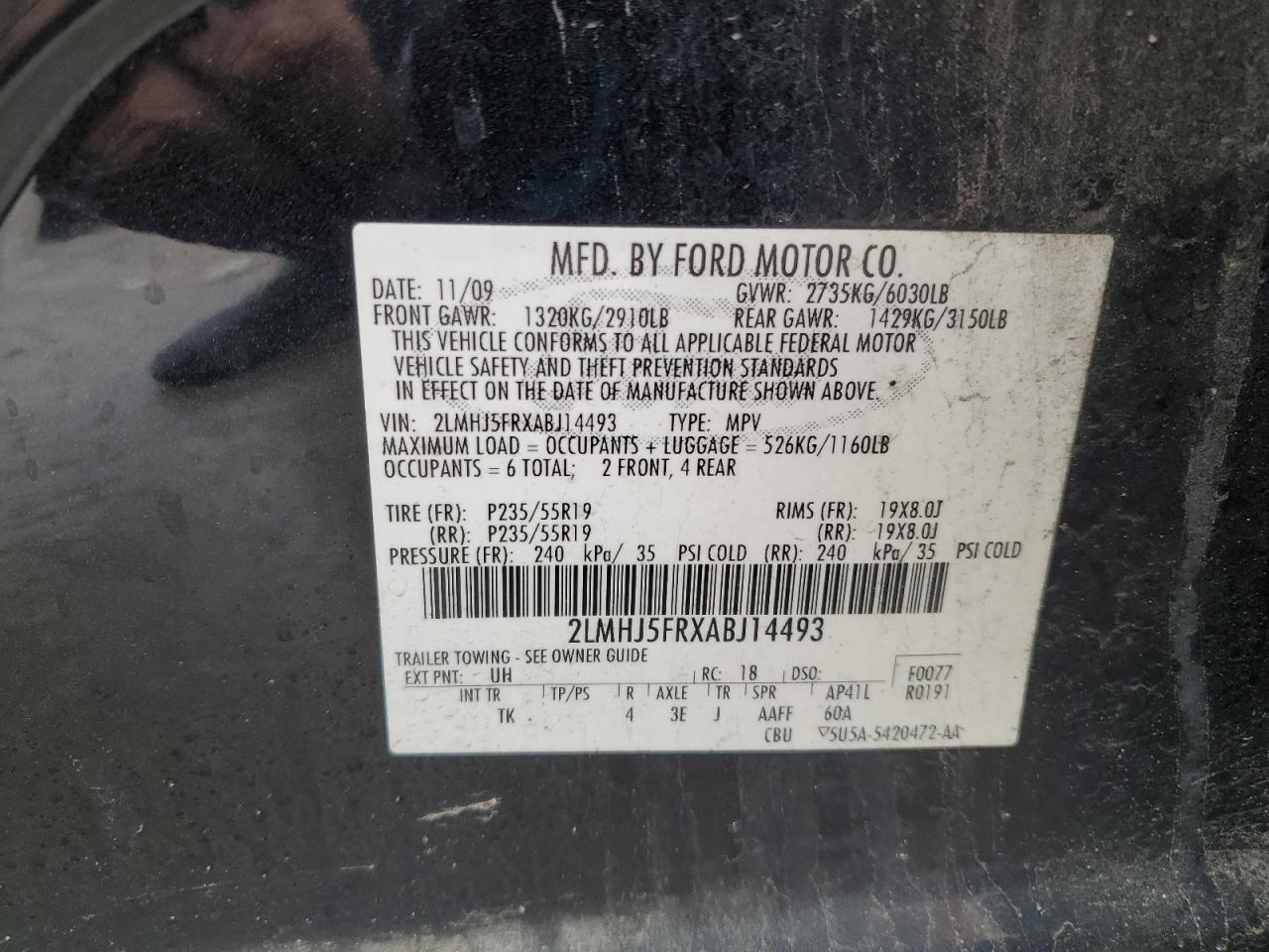2010 Lincoln Mkt VIN: 2LMHJ5FRXABJ14493 Lot: 55177925