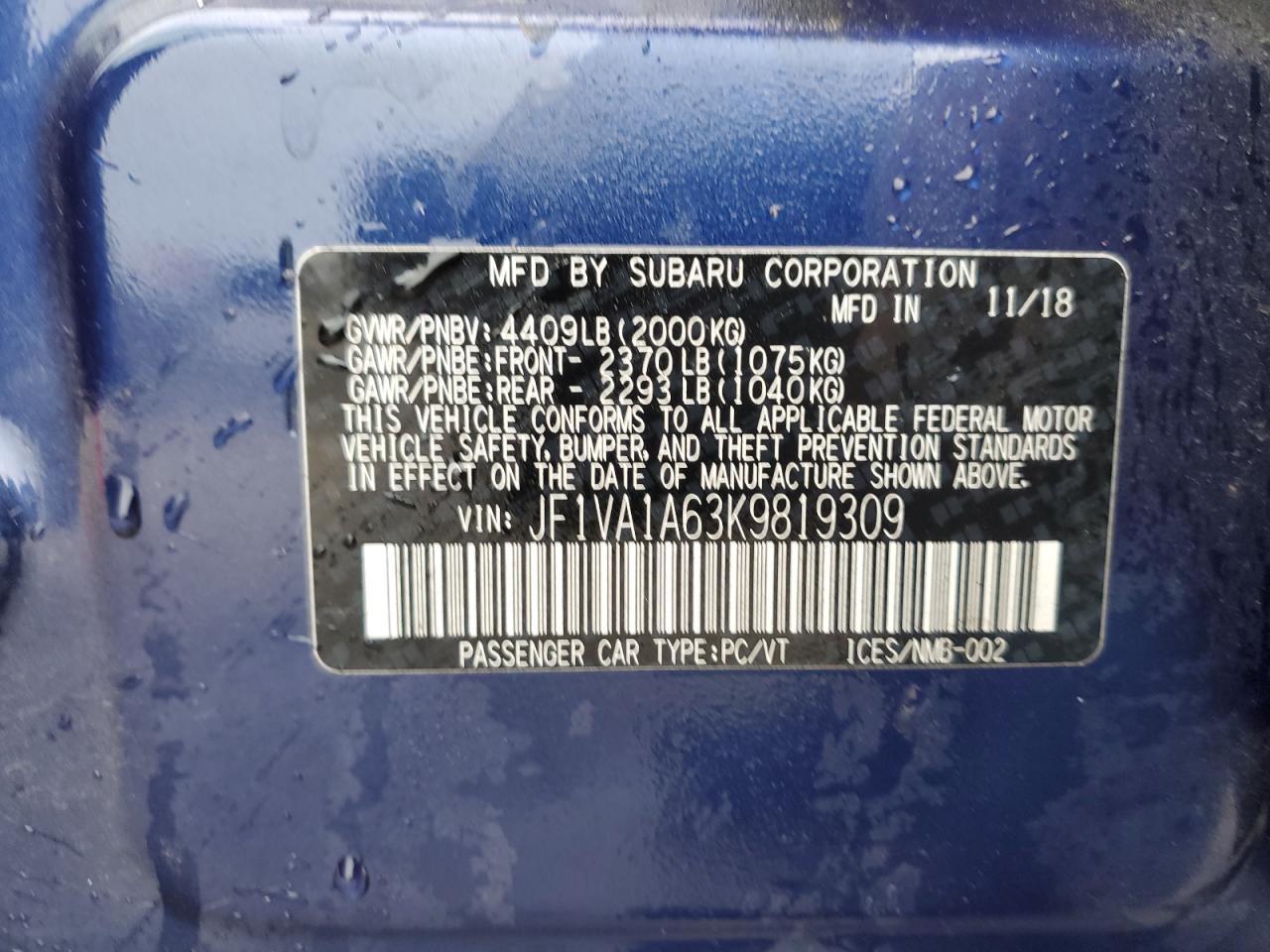 2019 Subaru Wrx VIN: JF1VA1A63K9819309 Lot: 57172335