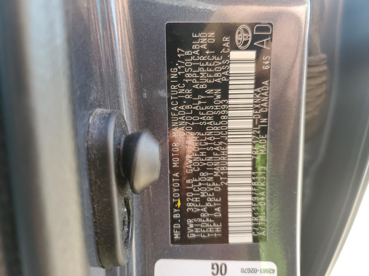 2018 Toyota Corolla L VIN: 2T1BURHE7JC008993 Lot: 55942375