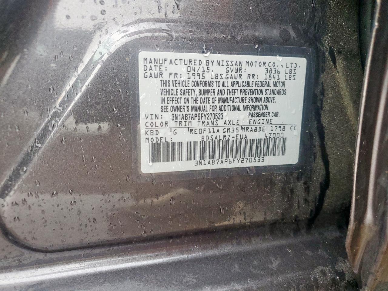 2015 Nissan Sentra S VIN: 3N1AB7AP6FY270533 Lot: 55580235