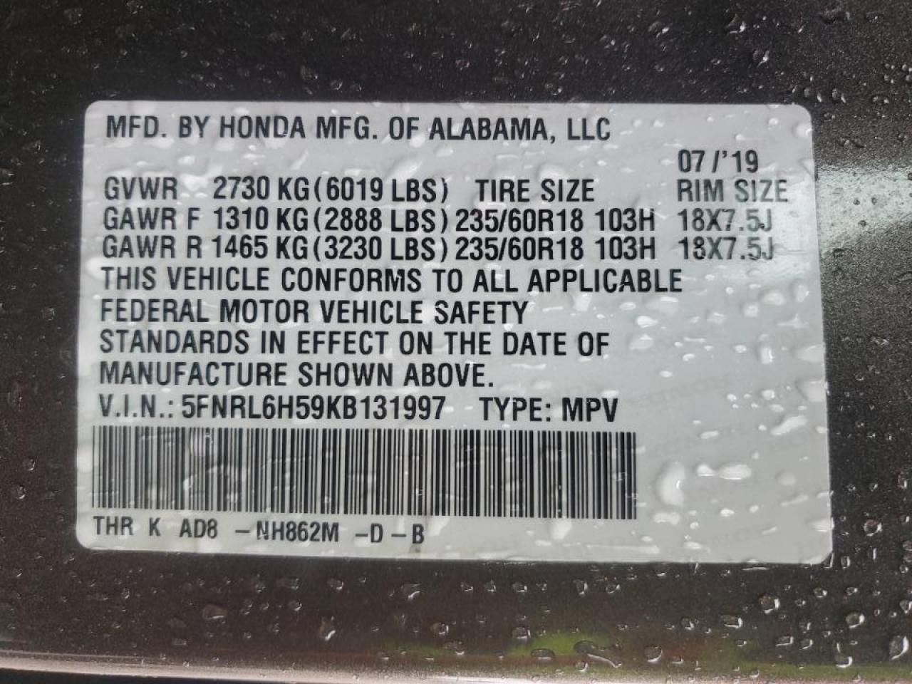 5fnrl6h59kb131997 5FNRL6H59KB131997 2019 Honda Odyssey Ex
