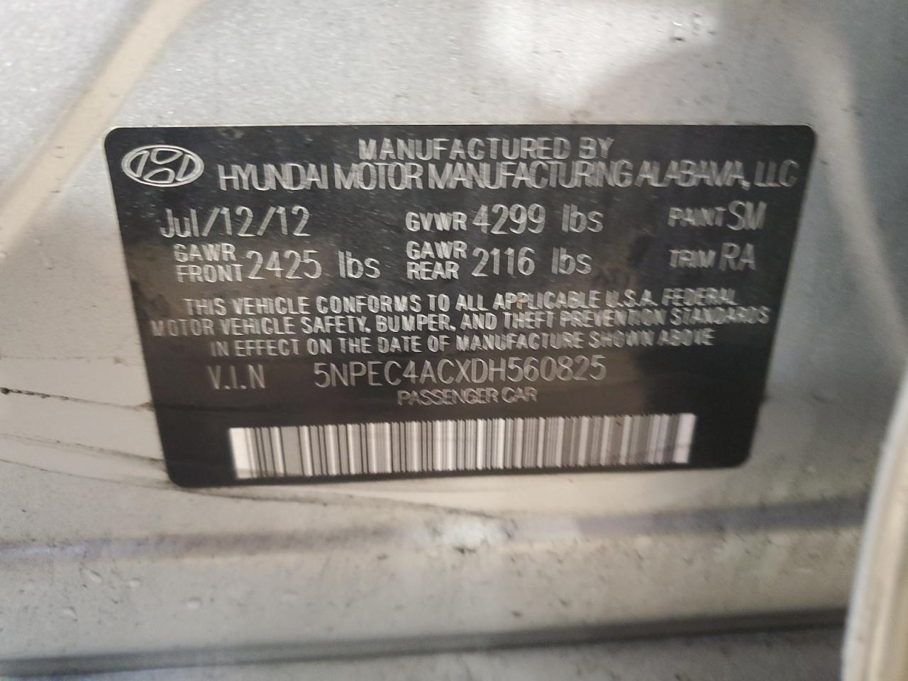 2013 Hyundai Sonata Se VIN: 5NPEC4ACXDH560825 Lot: 56306025