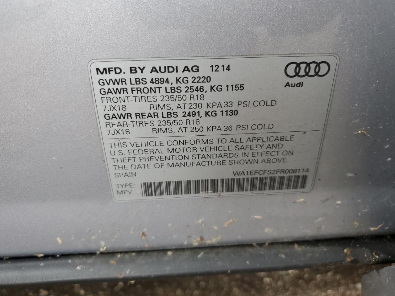 2015 Audi Q3 Premium Plus VIN: WA1EFCFS2FR008114 Lot: 58399515