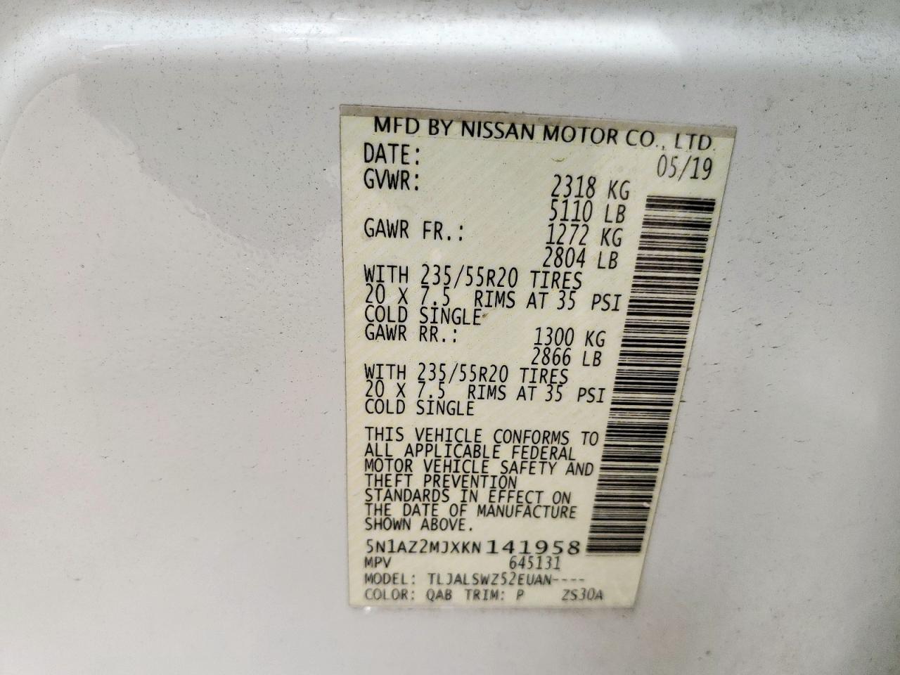 5N1AZ2MJXKN141958 NISSAN MURANO 2019