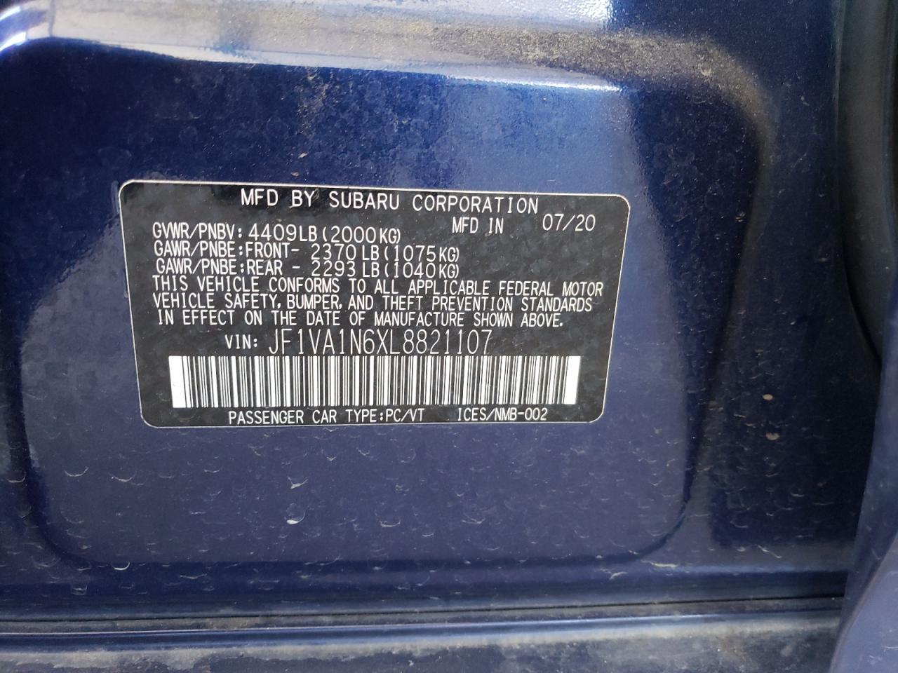 2020 Subaru Wrx Limited VIN: JF1VA1N6XL8821107 Lot: 56283685