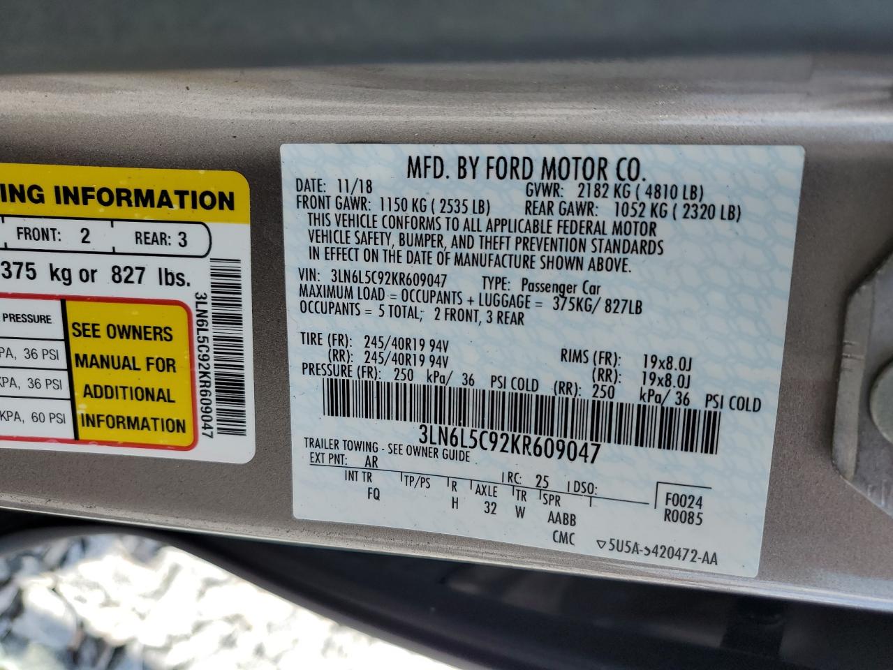 2019 Lincoln Mkz Reserve I VIN: 3LN6L5C92KR609047 Lot: 56913905