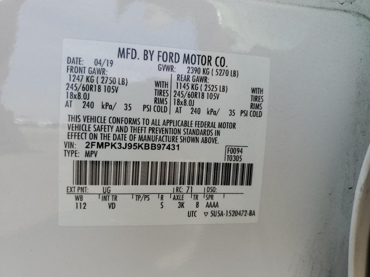 2FMPK3J95KBB97431 FORD EDGE 2019