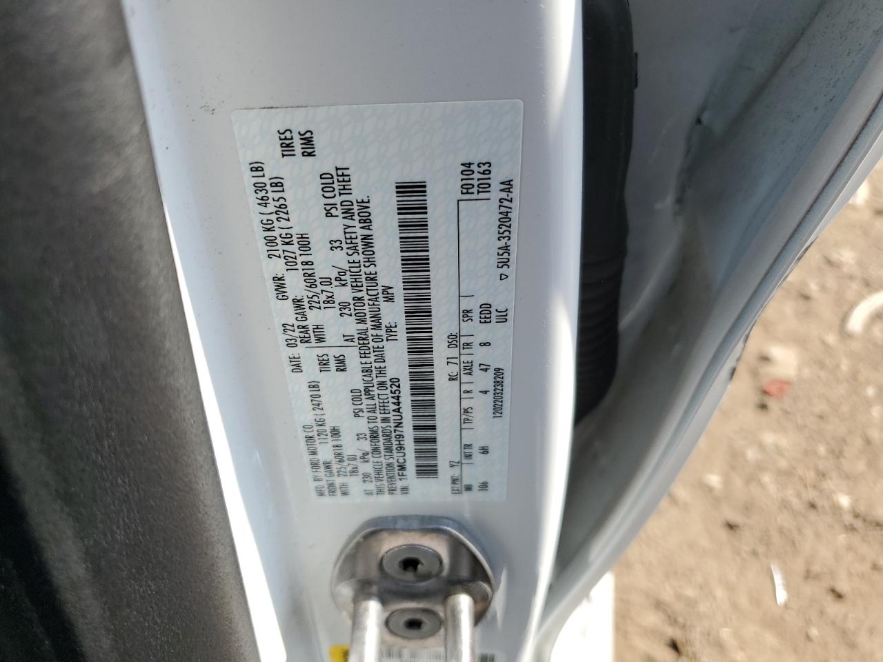 2022 Ford Escape Sel VIN: 1FMCU9H97NUA44520 Lot: 56668725