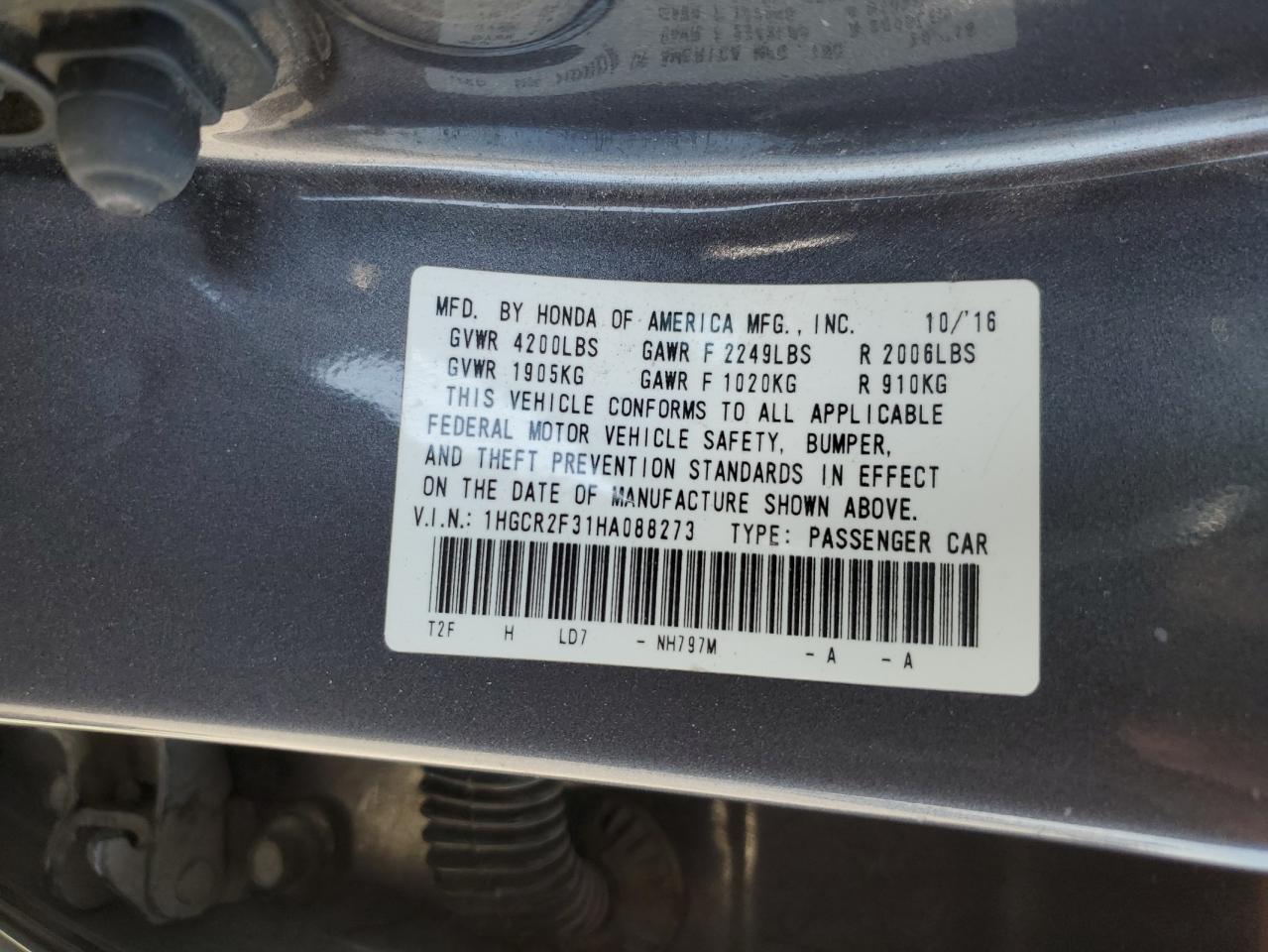 1HGCR2F31HA088273 HONDA ACCORD 2017