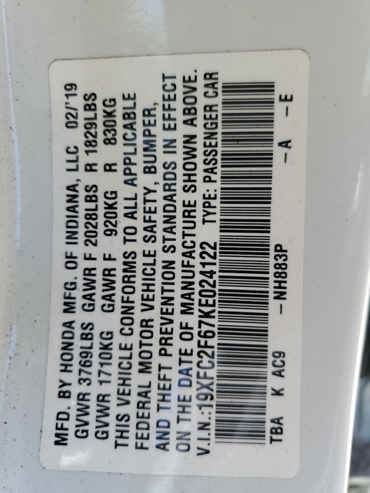 2019 Honda Civic Lx VIN: 19XFC2F67KE024122 Lot: 56965845
