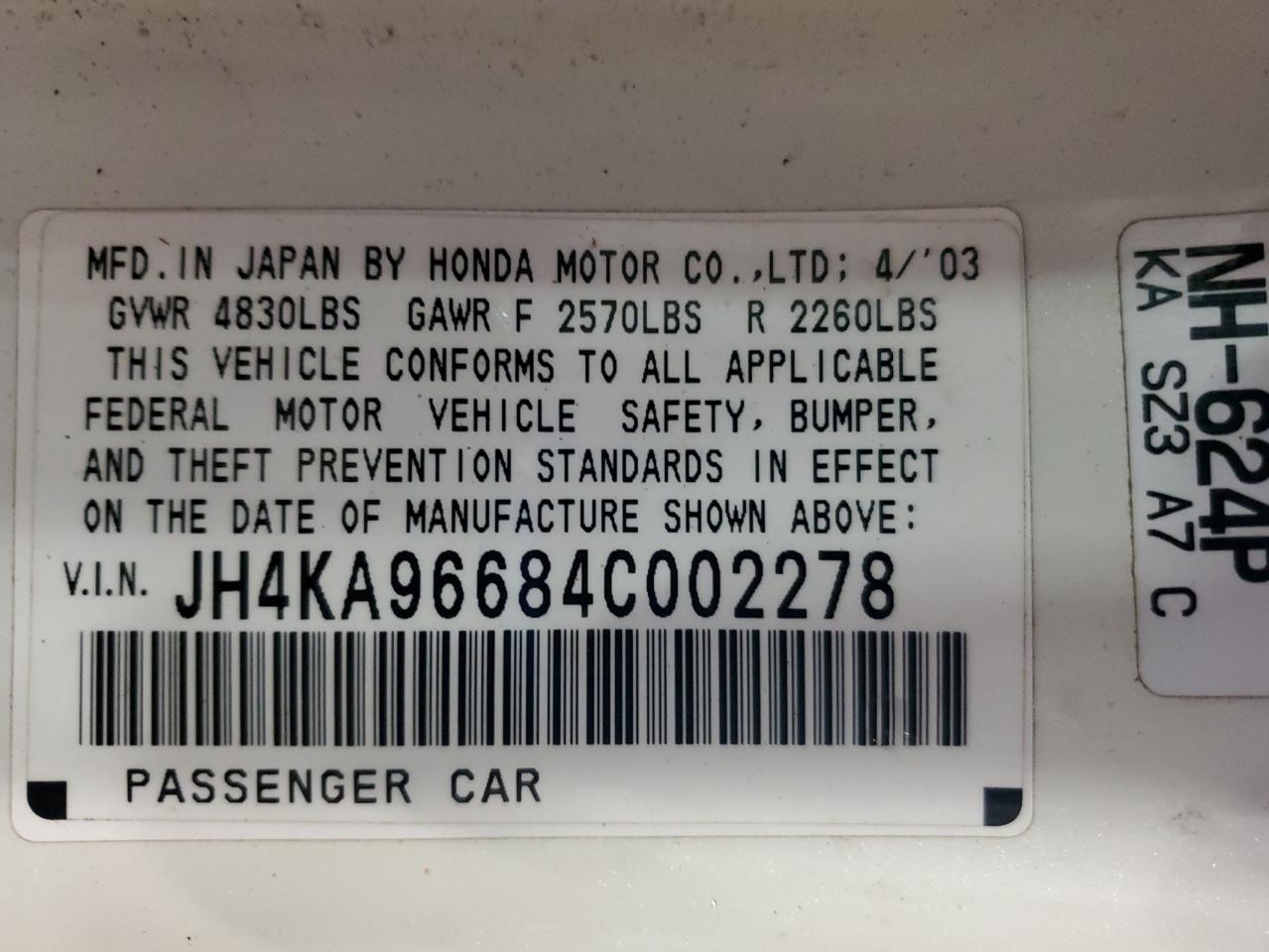 2004 Acura 3.5Rl VIN: JH4KA96684C002278 Lot: 58012005