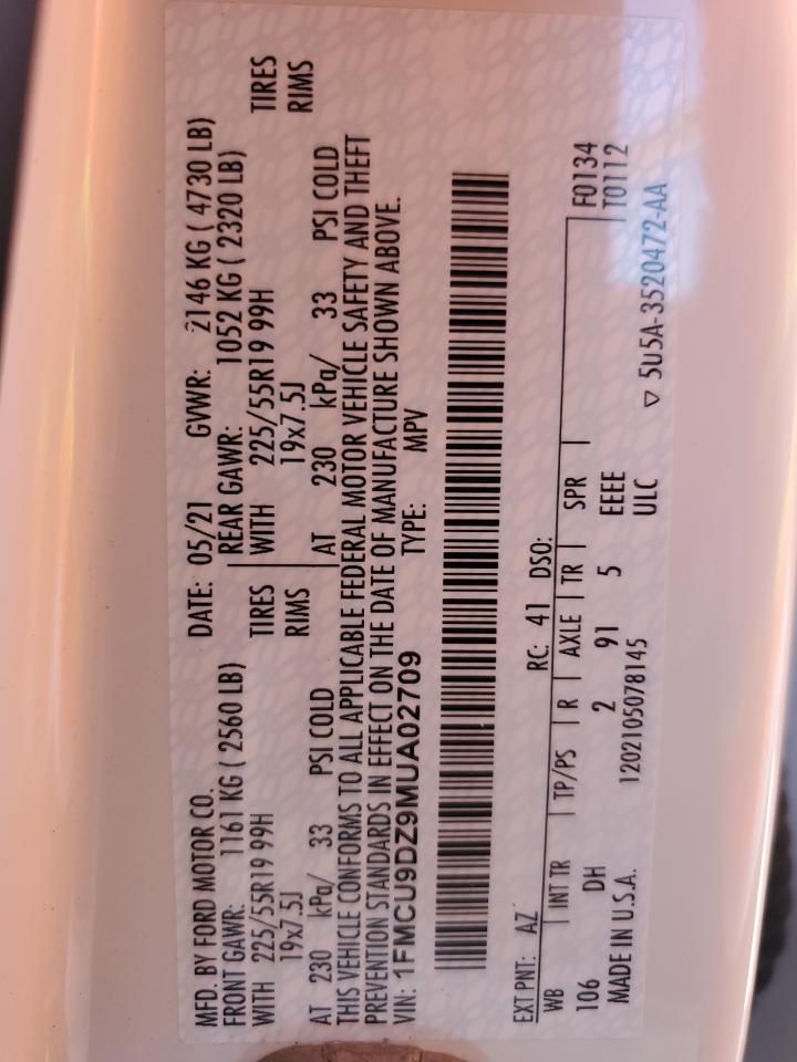 2021 Ford Escape Titanium VIN: 1FMCU9DZ9MUA02709 Lot: 56355255