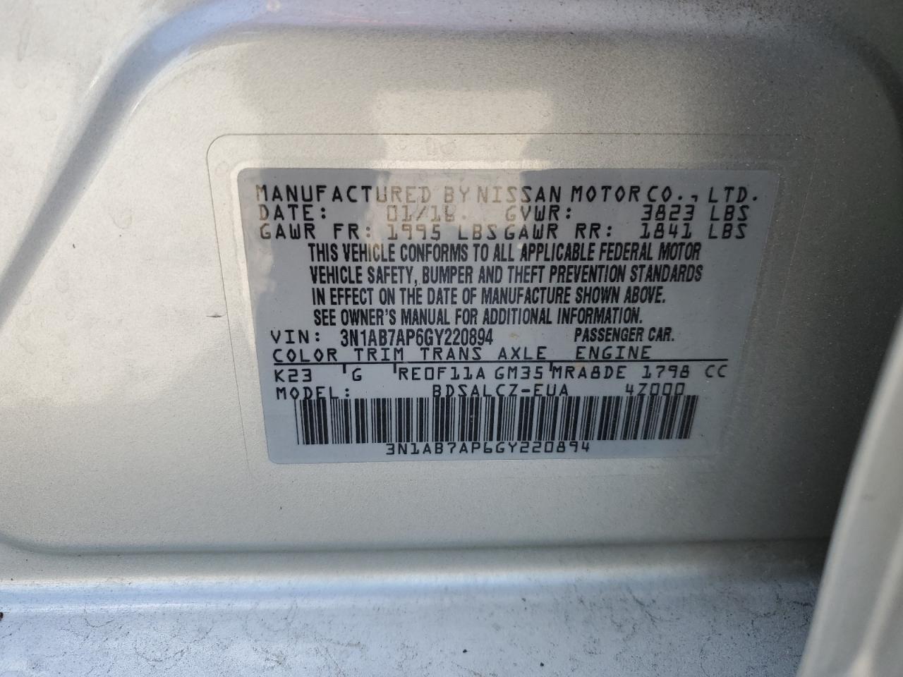 3N1AB7AP6GY220894 NISSAN SENTRA 2016