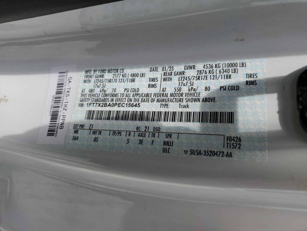 2023 Ford F250 Super Duty VIN: 1FT7X2BA0PEC15645 Lot: 57052945