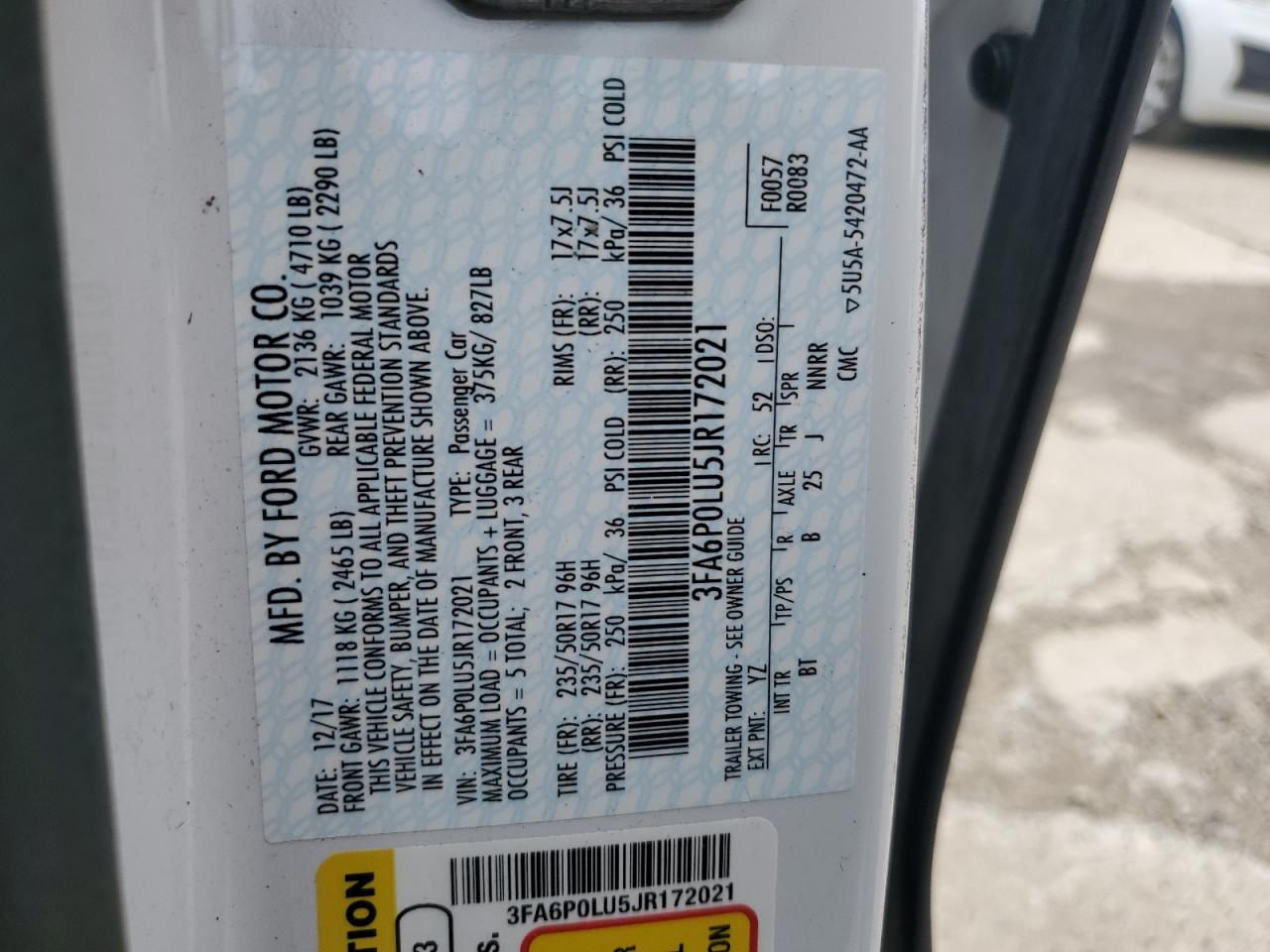 2018 Ford Fusion Se Hybrid VIN: 3FA6P0LU5JR172021 Lot: 55085095