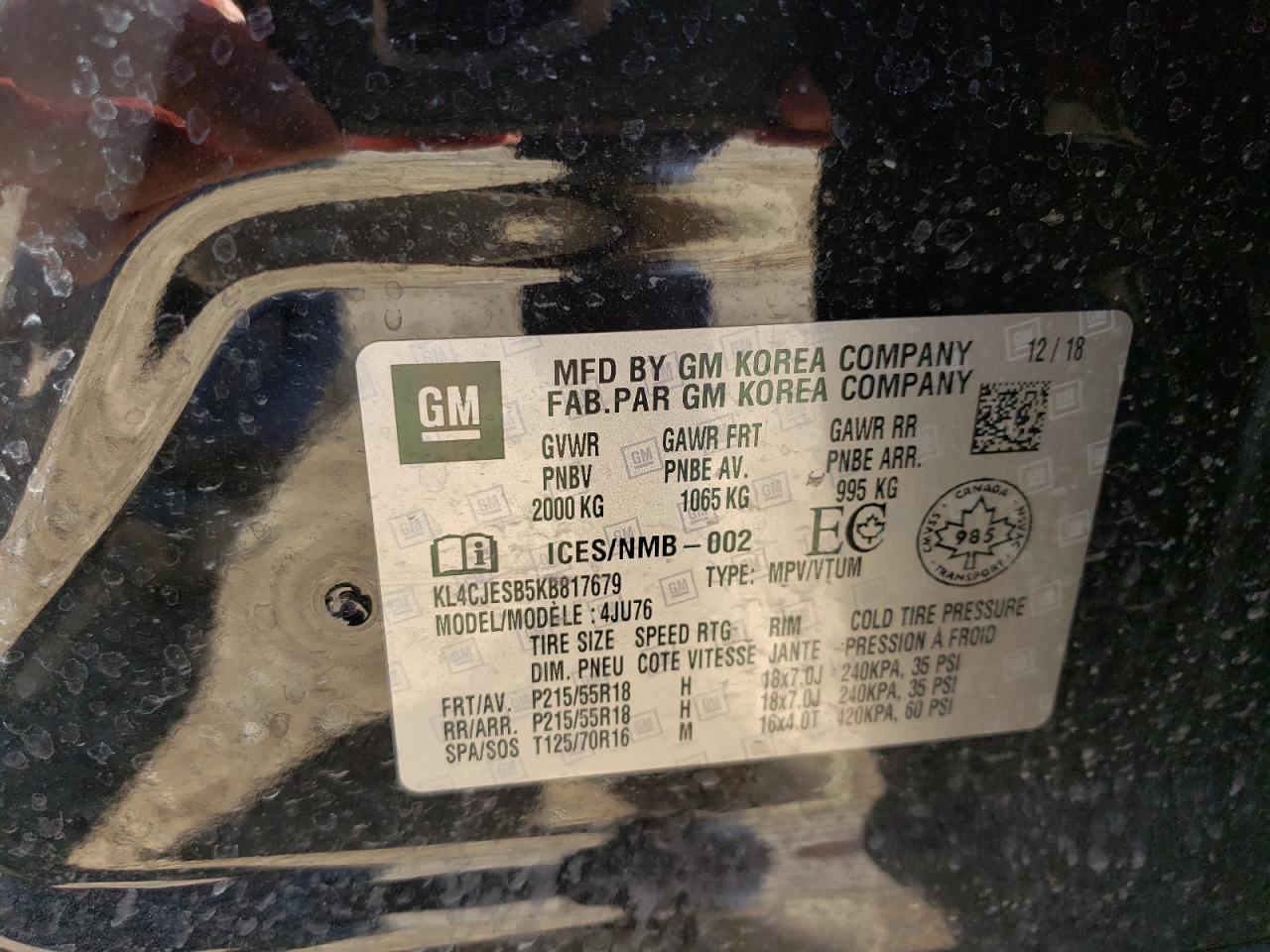 2019 Buick Encore Preferred VIN: KL4CJESB5KB817679 Lot: 55836255