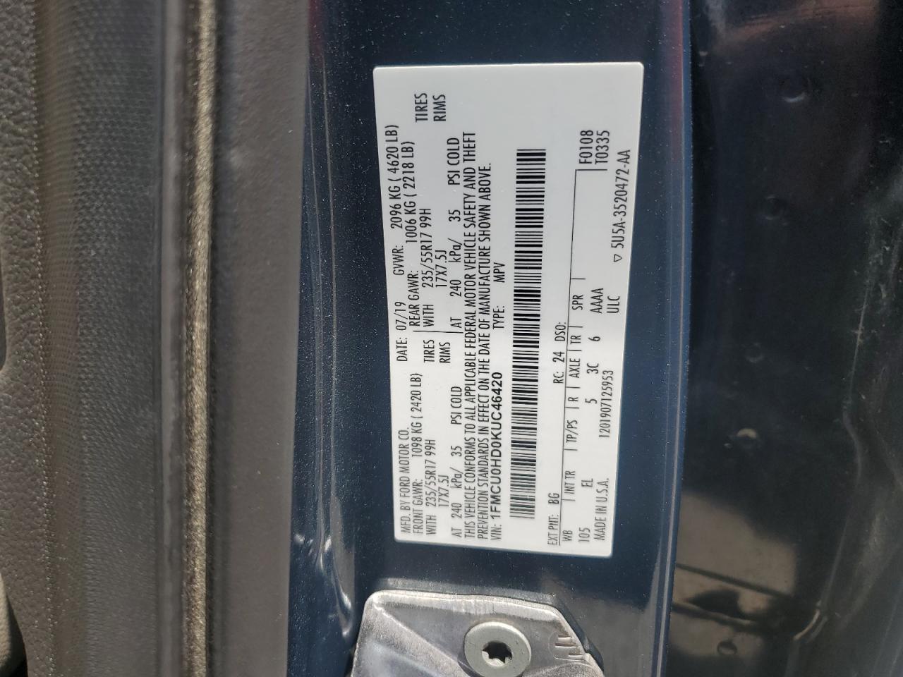 1FMCU0HD0KUC46420 FORD ESCAPE 2019