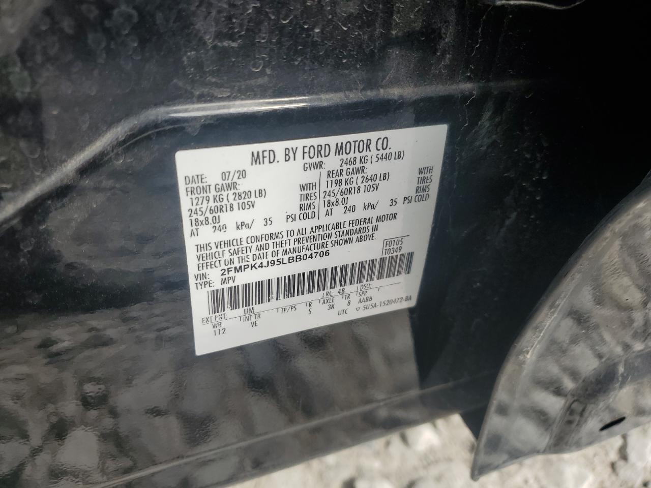 2020 Ford Edge Sel VIN: 2FMPK4J95LBB04706 Lot: 56948215