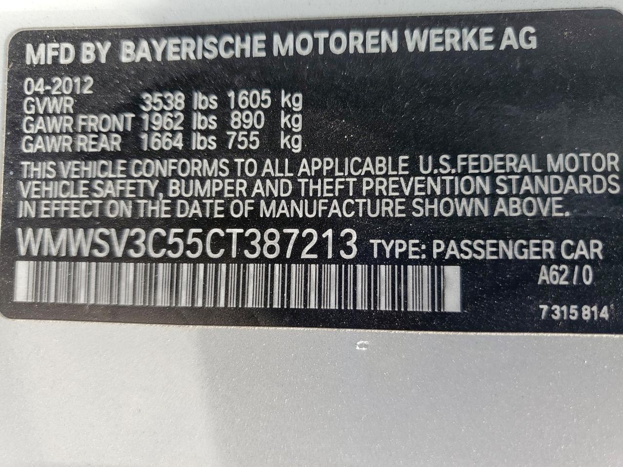 2012 Mini Cooper S VIN: WMWSV3C55CT387213 Lot: 56754415