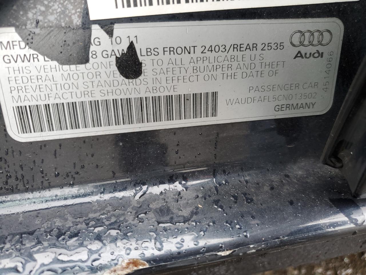 2012 Audi A4 Premium VIN: WAUDFAFL5CN013502 Lot: 56832575