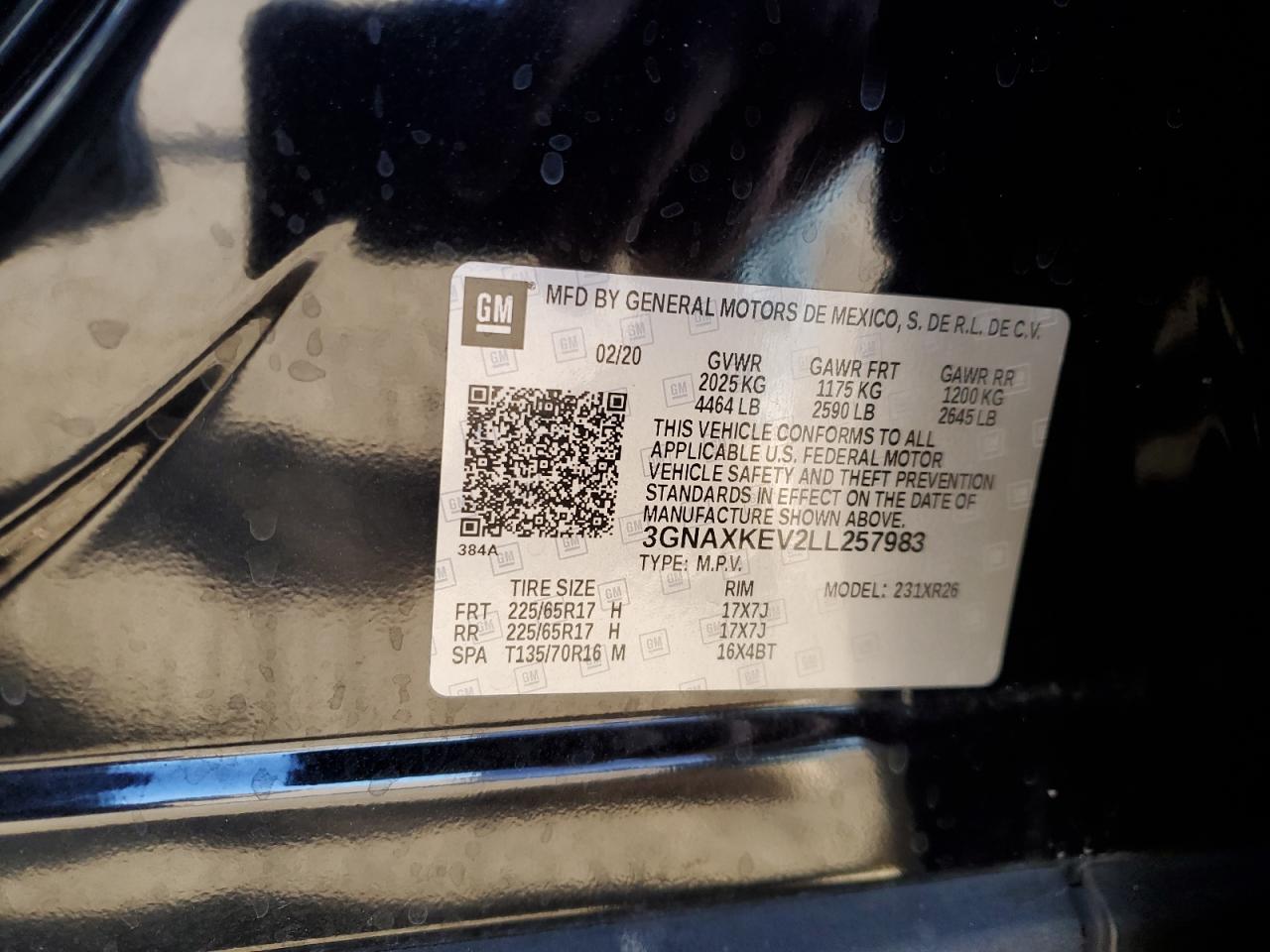 3GNAXKEV2LL257983 CHEVROLET EQUINOX 2020