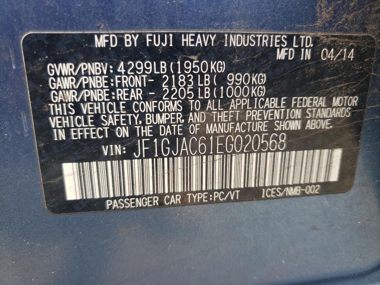 2014 Subaru Impreza Premium VIN: JF1GJAC61EG020568 Lot: 56786785