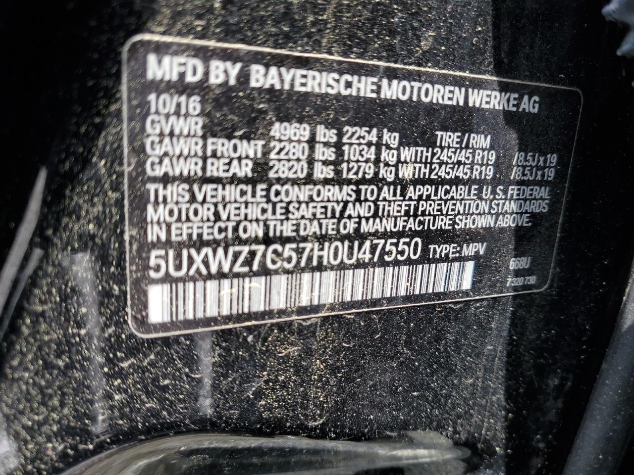 2017 BMW X3 Sdrive28I VIN: 5UXWZ7C57H0U47550 Lot: 56009785