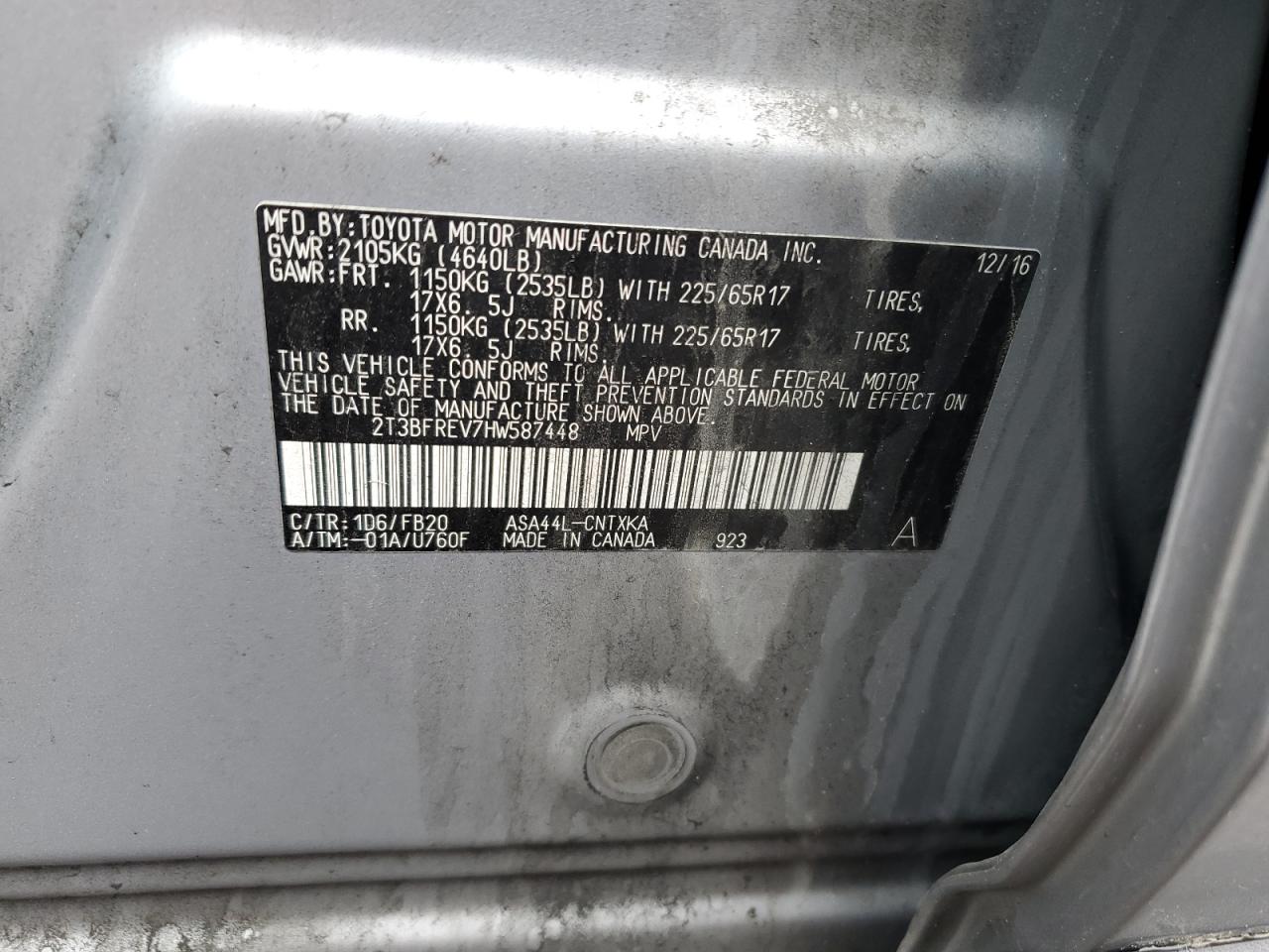 2017 Toyota Rav4 Le VIN: 2T3BFREV7HW587448 Lot: 56828155